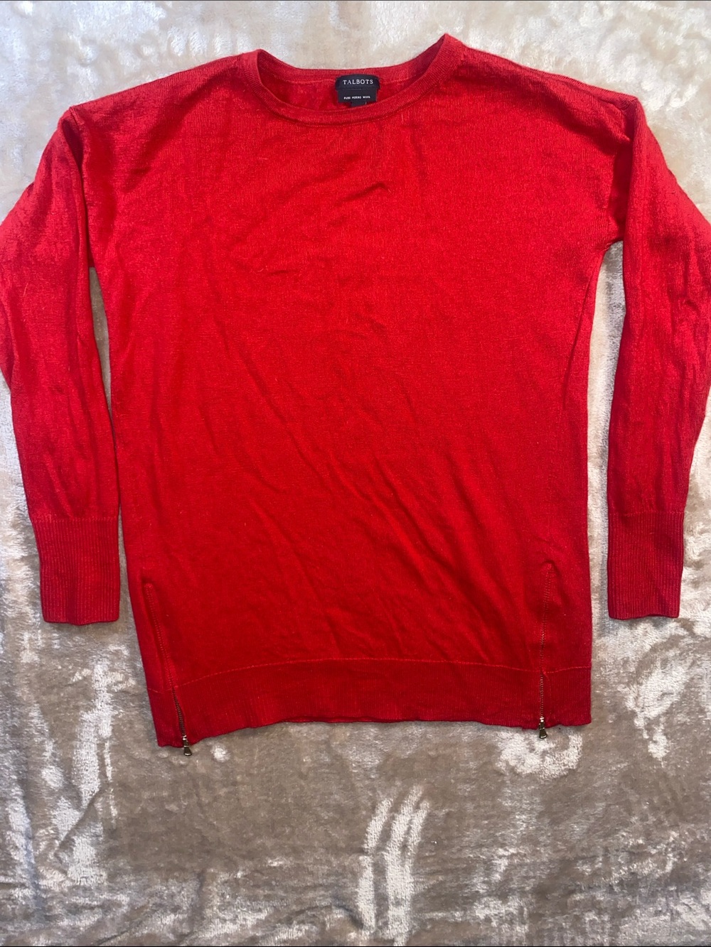 Talbots Merino Wool Bright Red Lightweight Crewneck Sweater with Side Zips